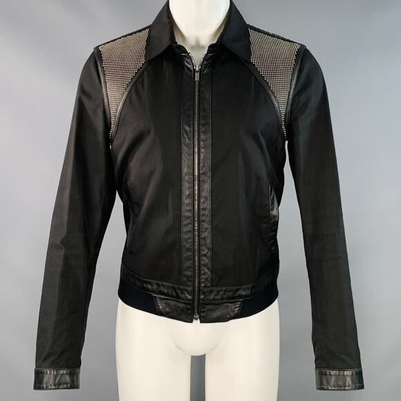 VERSACE Size M Black Silver Studded Cotton Blend Leather Trim Zip Up Jacket - Picture 1 of 11